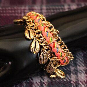 Lilly Pulitzer Gold Chain Bracelet with Coral Pink and Multicolor Braided Cord